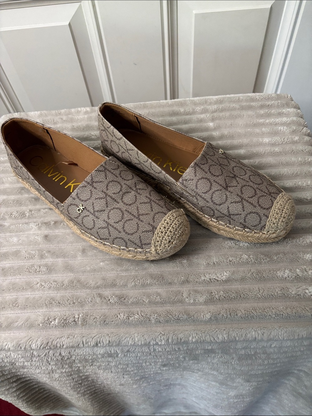EUC Calvin Klein Taupe CK Monogram Espadrille Flats